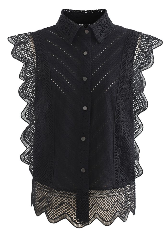 Wavy Lace Eyelet Embroidered Sleeveless Shirt in Black - Retro, Indie ...