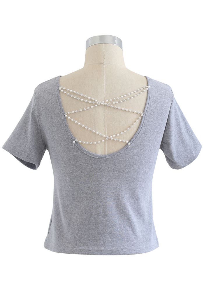 Crisscross Pearl Chain Crop T-Shirt in Grey