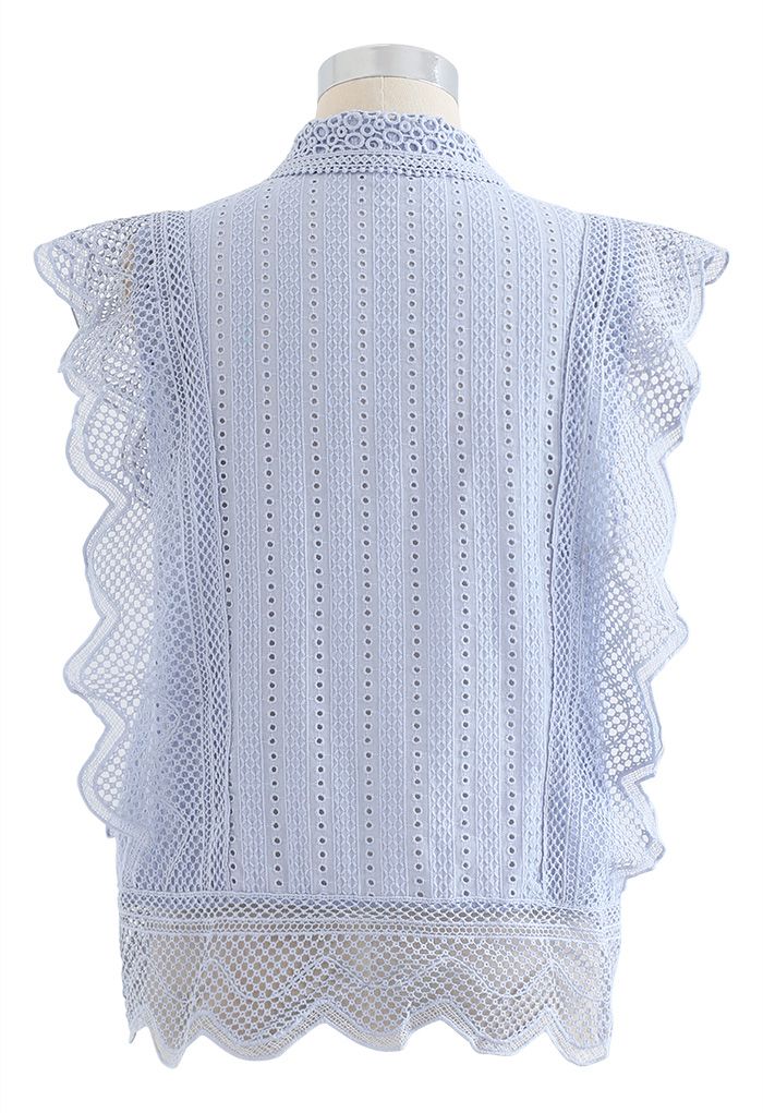 Wavy Lace Eyelet Embroidered Sleeveless Shirt in Blue