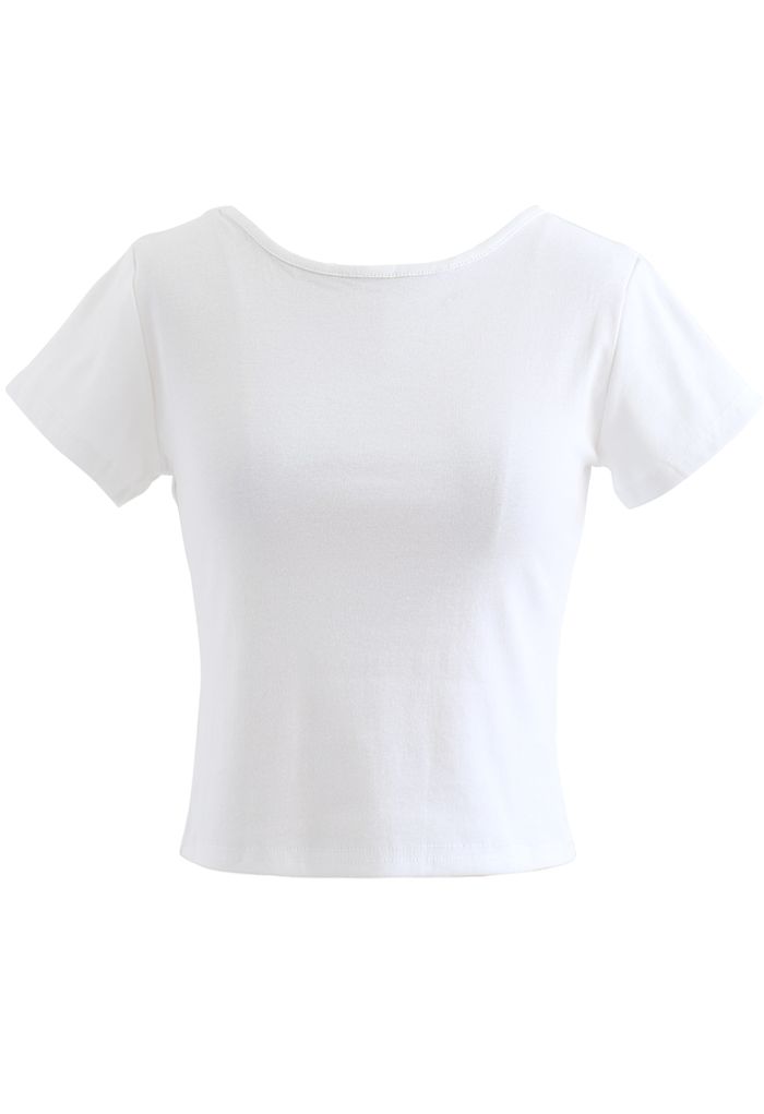 Crisscross Pearl Chain Crop T-Shirt in White