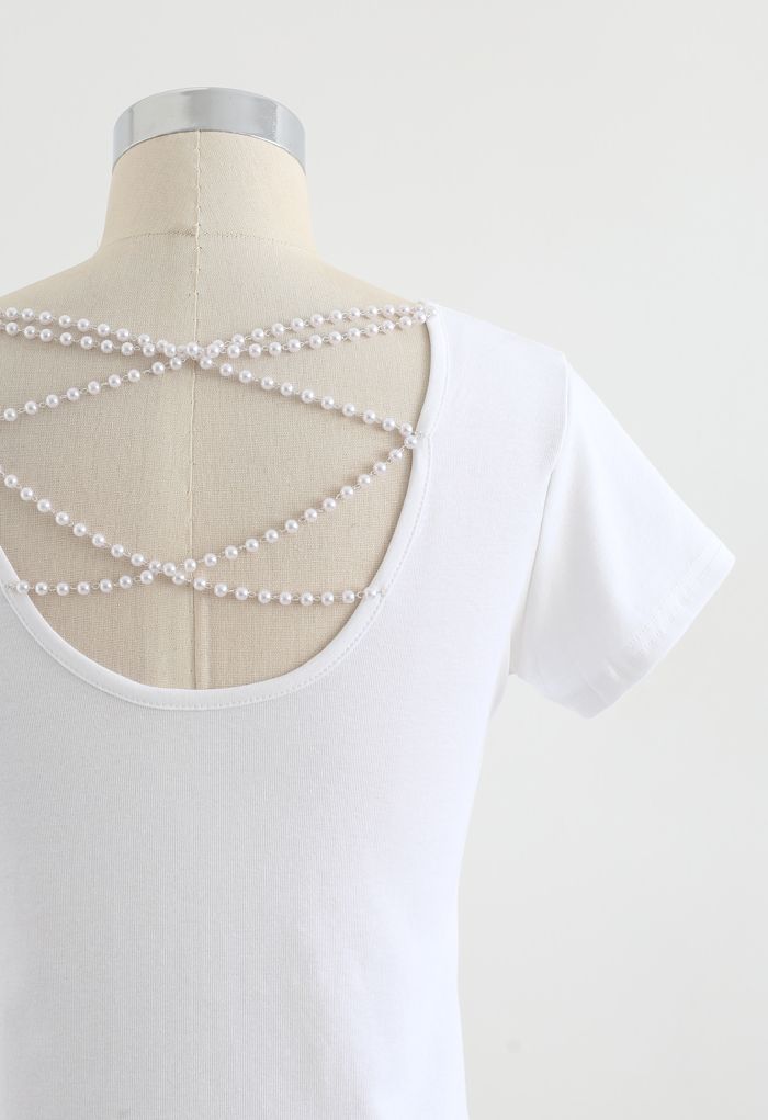 Crisscross Pearl Chain Crop T-Shirt in White