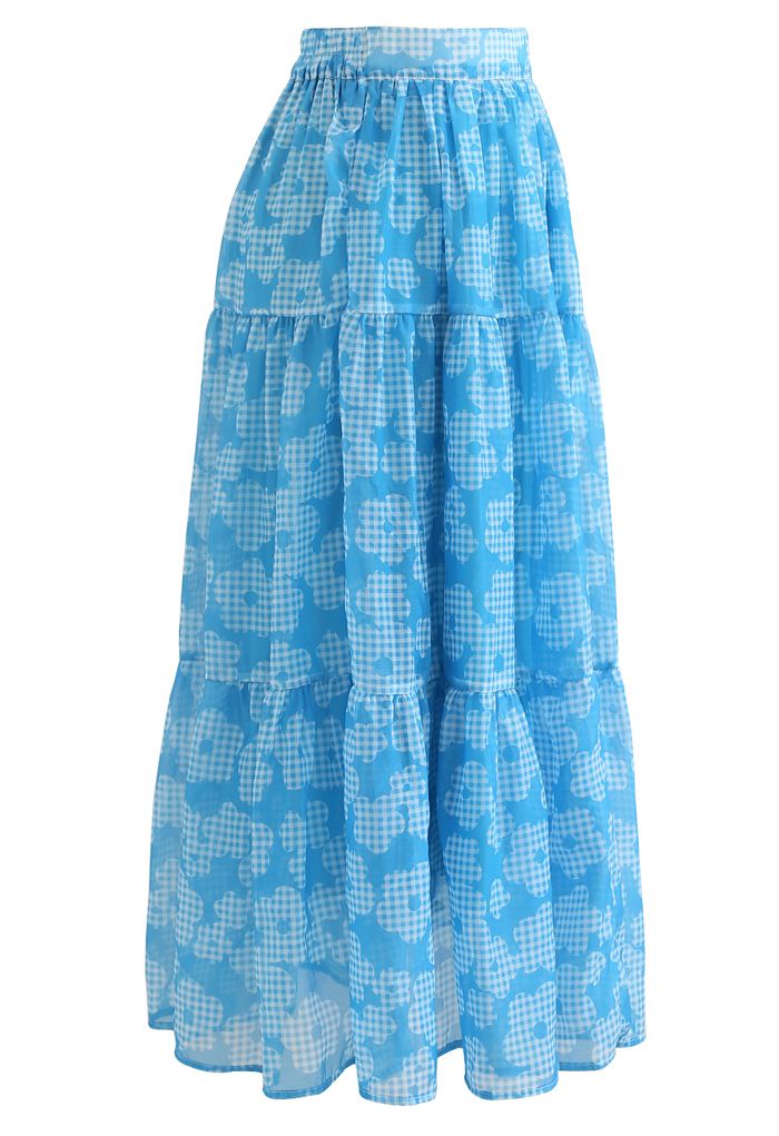 Gingham Flower Frilling Organza Skirt - Retro, Indie and Unique Fashion