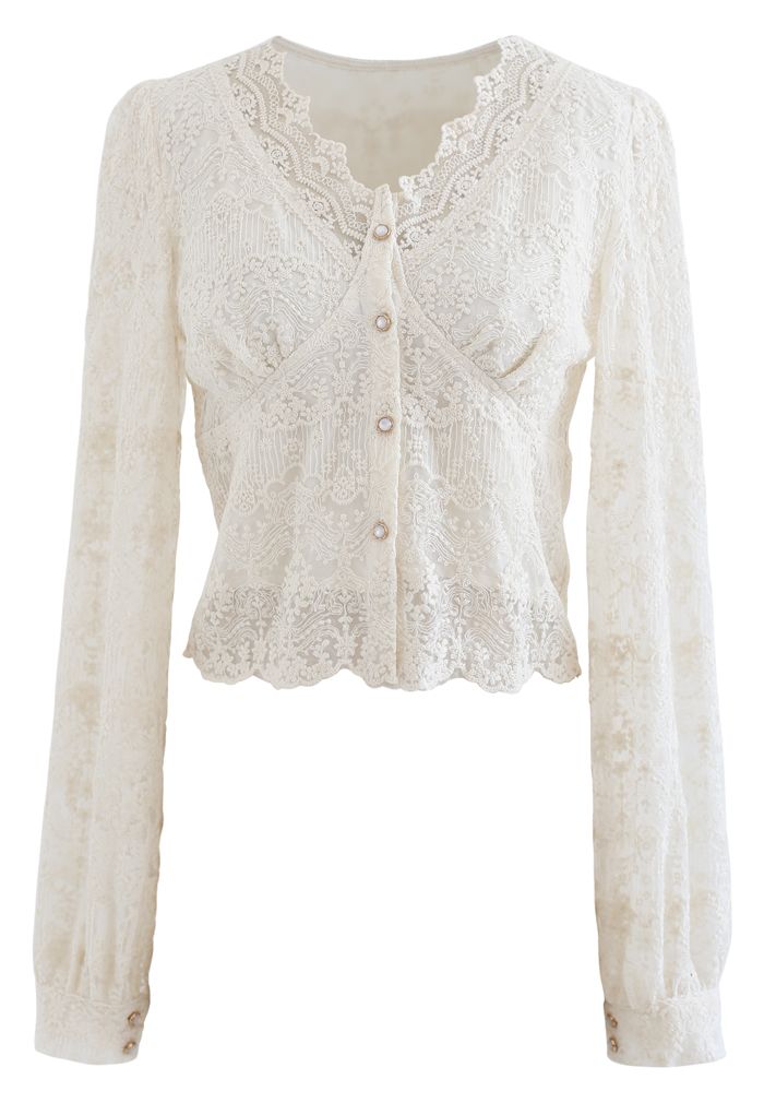 Full of Embroidery Button Down V-Neck Top