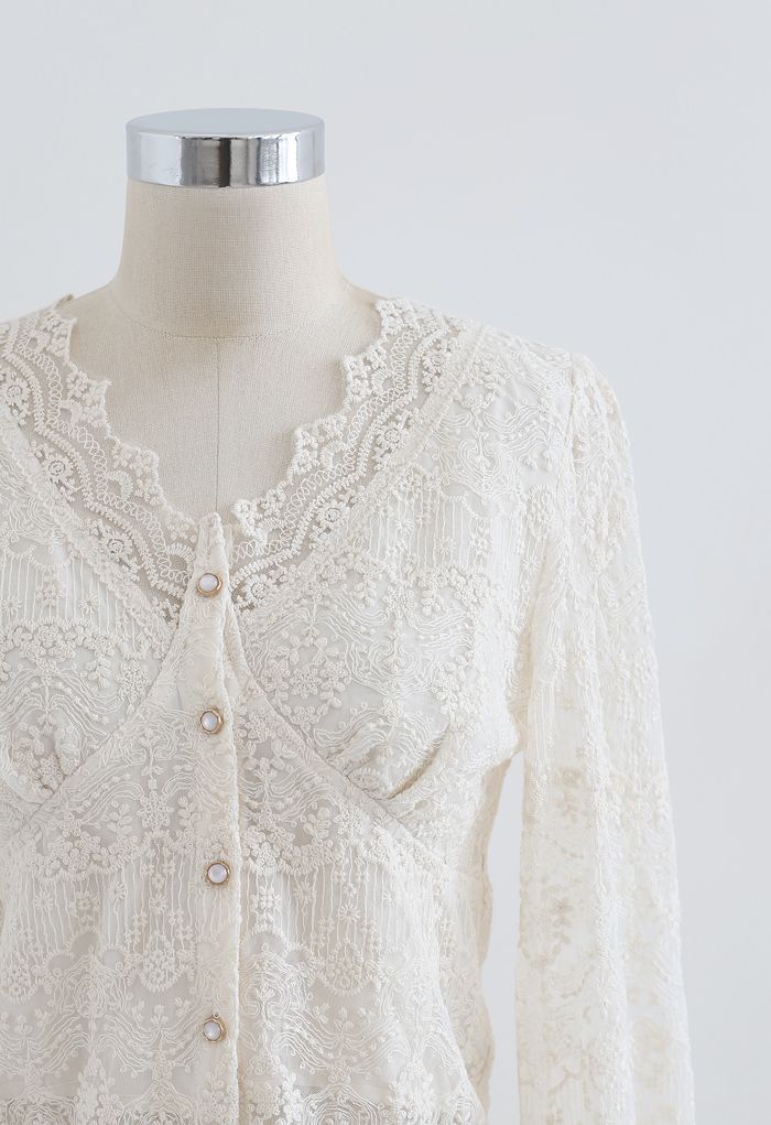 Full of Embroidery Button Down V-Neck Top