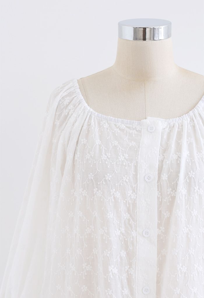 Puff Sleeves Embroidery Buttoned Cotton Top