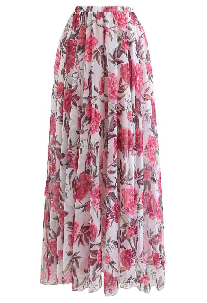 Romantic Moment Peony Print Maxi Skirt in White - Retro, Indie and ...