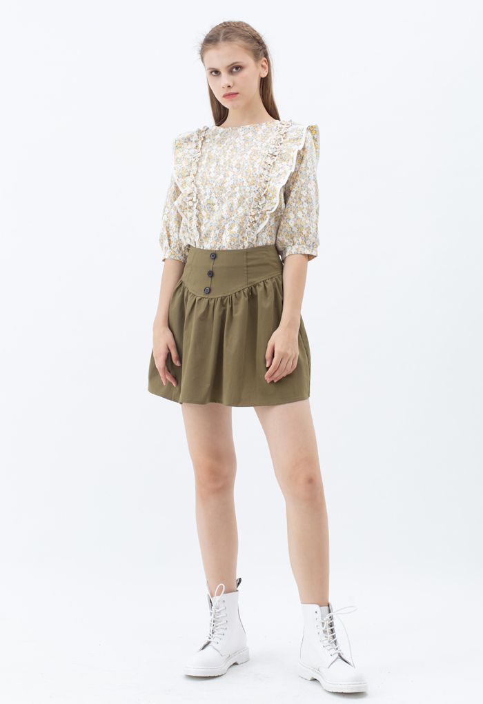 Button Trim High-Waisted Mini Skirt in Khaki