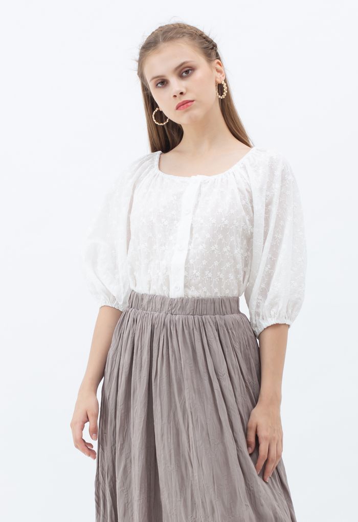 Puff Sleeves Embroidery Buttoned Cotton Top