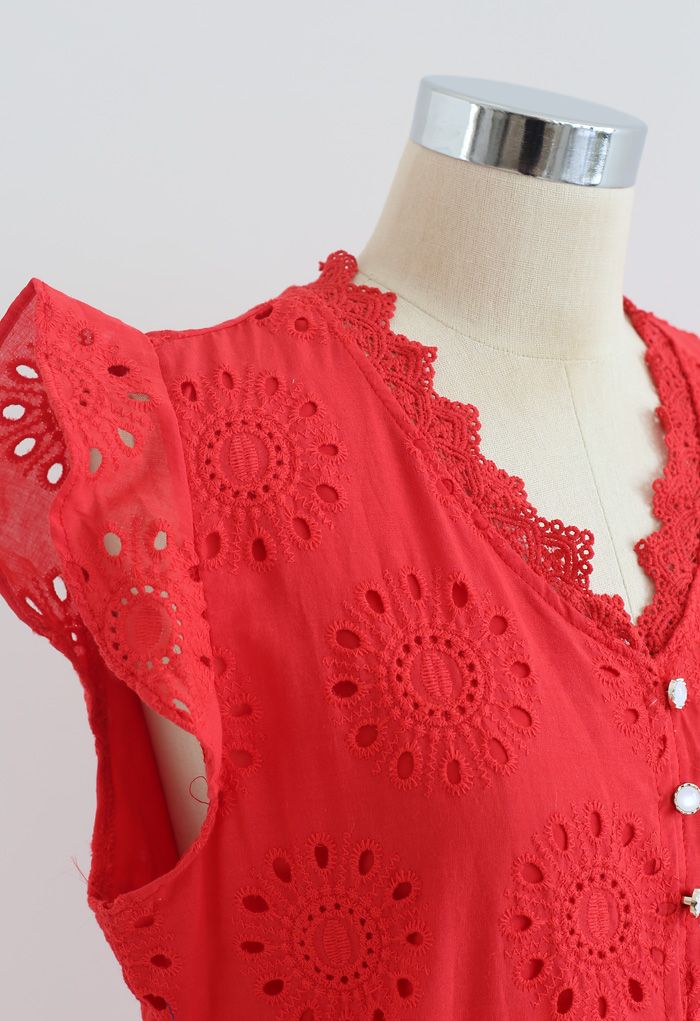 Allover Eyelet Embroidery Buttoned Sleeveless Dress in Red