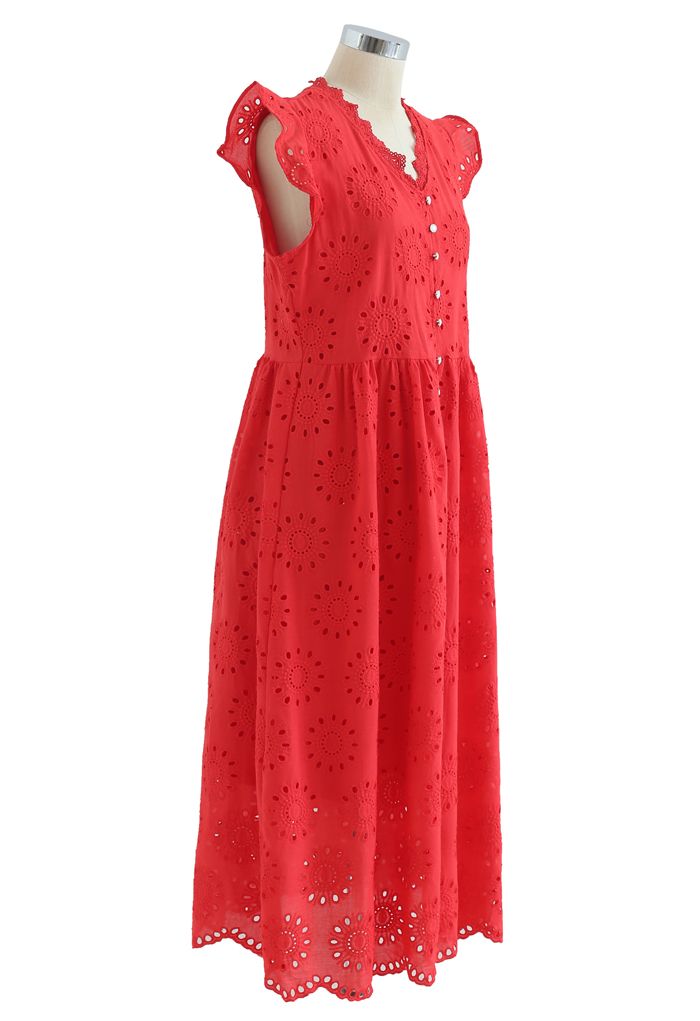 Allover Eyelet Embroidery Buttoned Sleeveless Dress in Red
