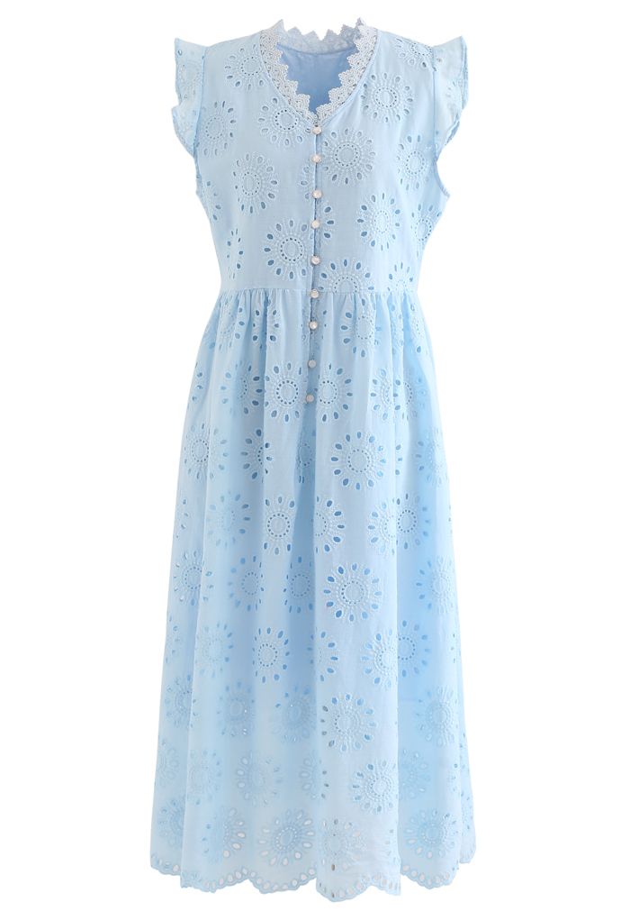 Allover Eyelet Embroidery Buttoned Sleeveless Dress in Blue