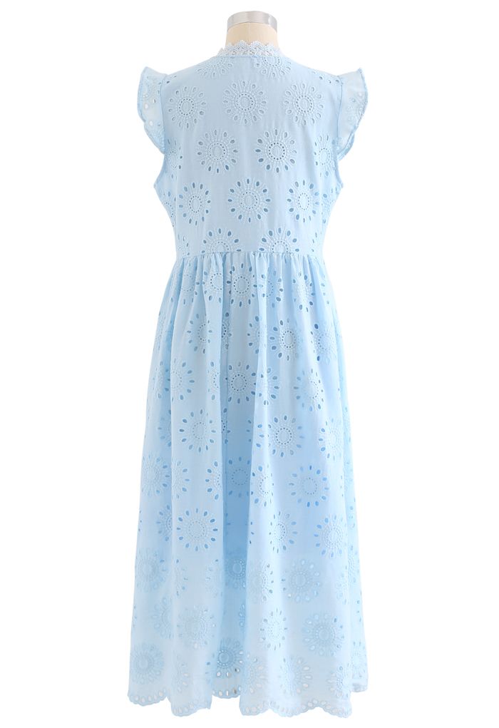 Allover Eyelet Embroidery Buttoned Sleeveless Dress in Blue