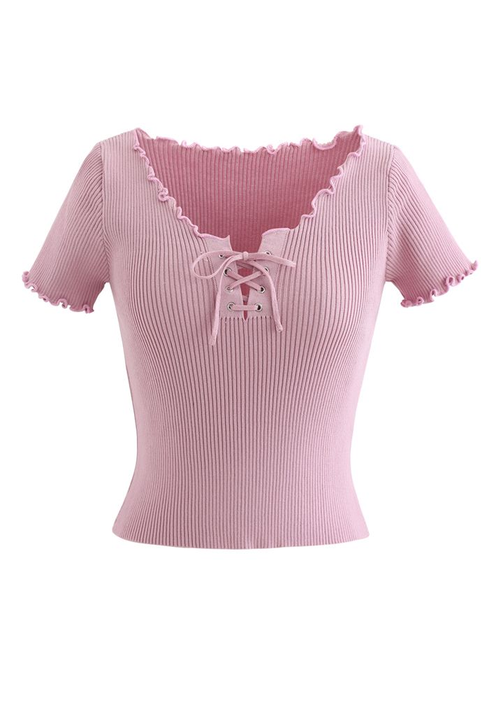 lettuce Edge Lace-Up Crop Knit Top in Pink - Retro, Indie and