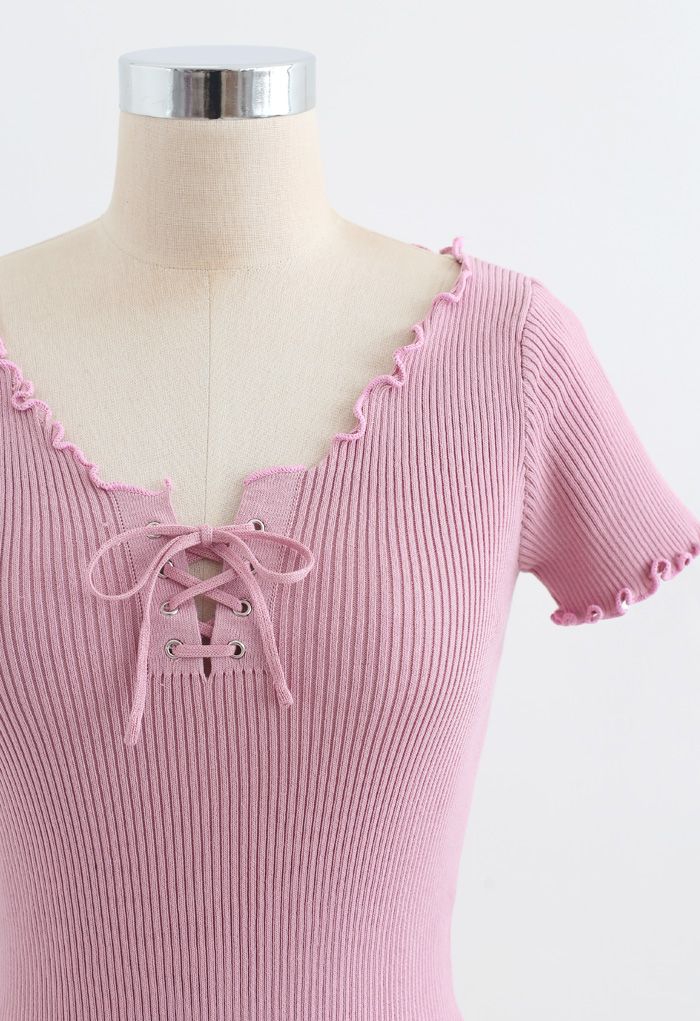 lettuce Edge Lace-Up Crop Knit Top in Pink