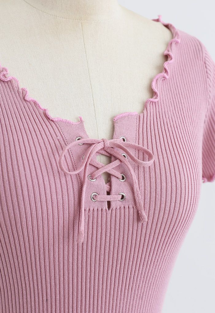 lettuce Edge Lace-Up Crop Knit Top in Pink