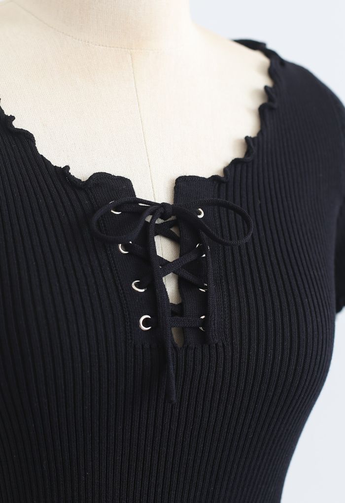 lettuce Edge Lace-Up Crop Knit Top in Black