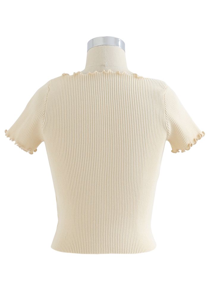 lettuce Edge Lace-Up Crop Knit Top in Light Yellow