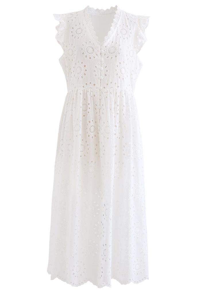 Allover Eyelet Embroidery Buttoned Sleeveless Dress in White - Retro ...