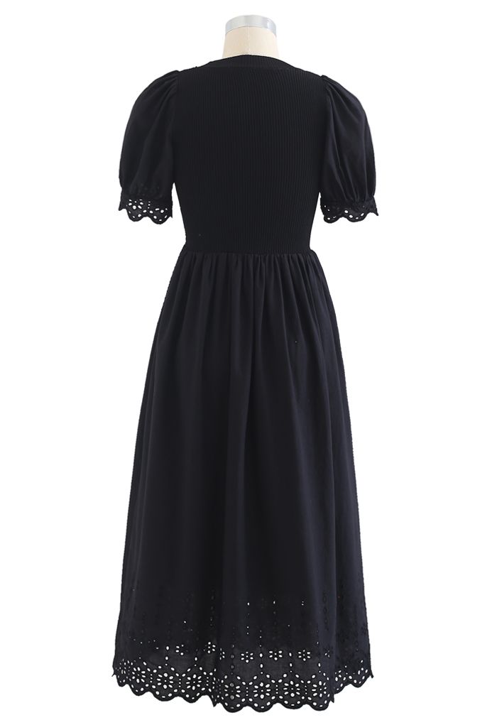 Embroidered Eyelet Short-Sleeve Knit Dress in Black