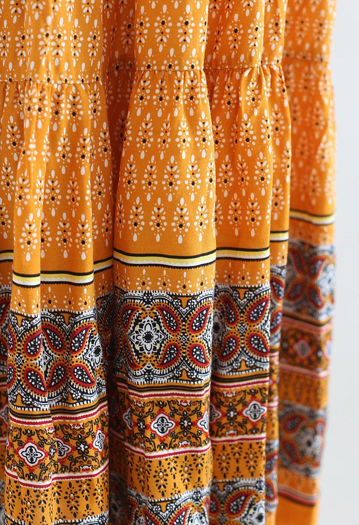 Drawstring Waist Floral Buttoned Boho Maxi Dress in Orange