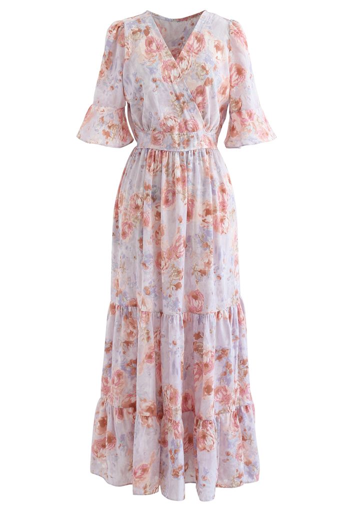 Retro Rose Wrapped Ruffle Maxi Dress in Lilac - Retro, Indie and Unique ...