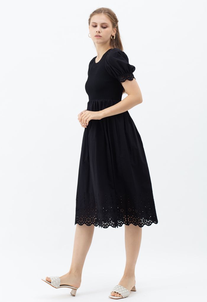 Embroidered Eyelet Short-Sleeve Knit Dress in Black