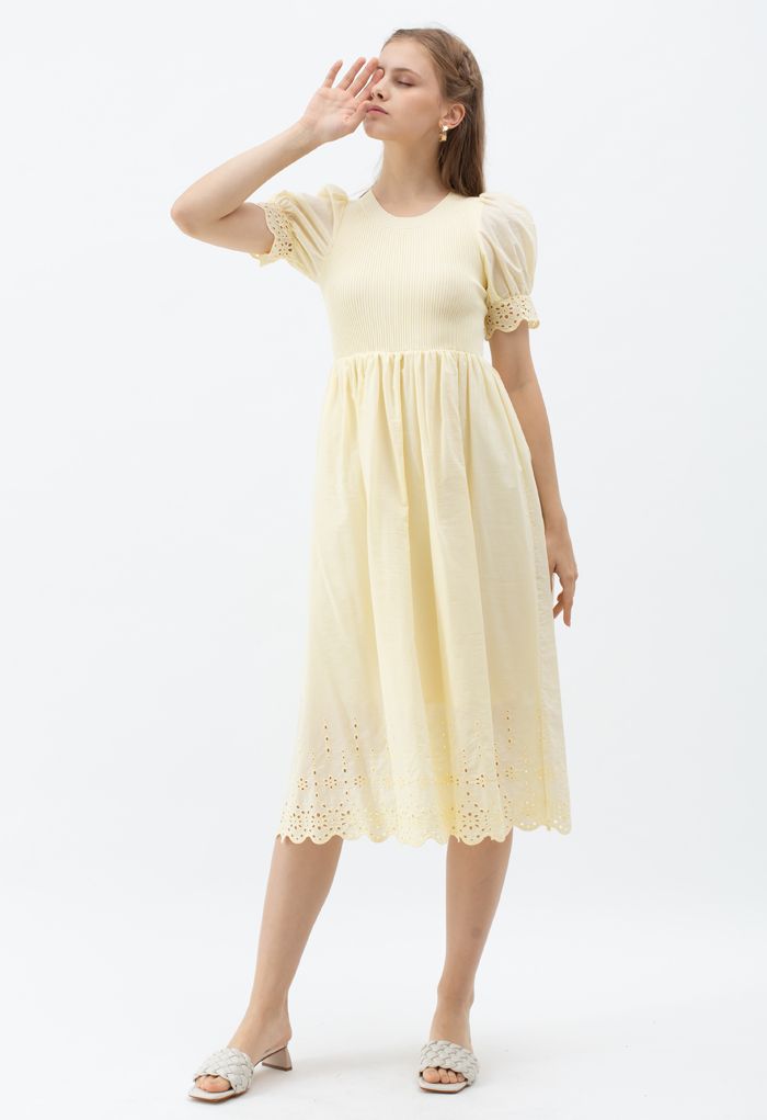 Embroidered Eyelet Short-Sleeve Knit Dress in Light Yellow - Retro ...