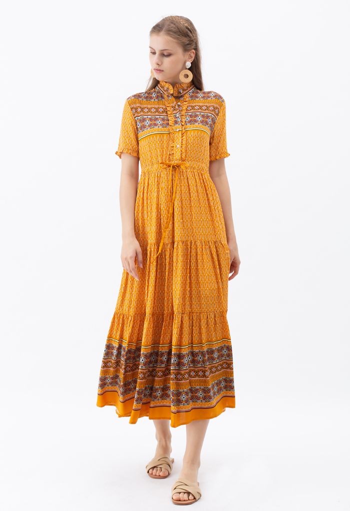 Drawstring Waist Floral Buttoned Boho Maxi Dress in Orange