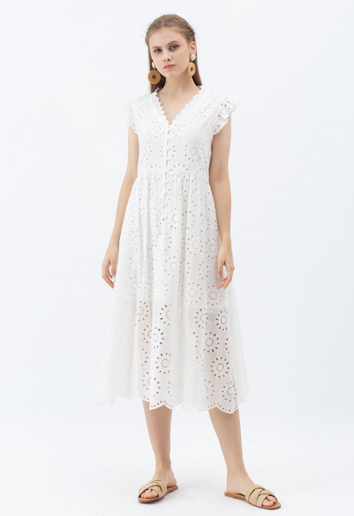 Allover Eyelet Embroidery Buttoned Sleeveless Dress in White - Retro ...