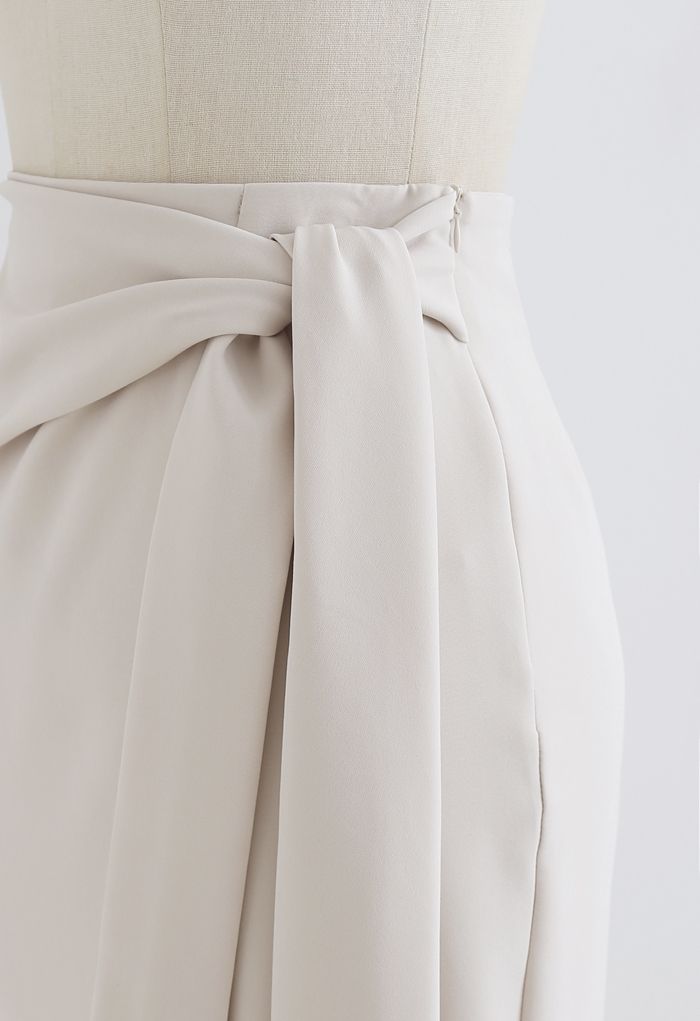 Tie Waist Front Split Pencil Skirt in Cream