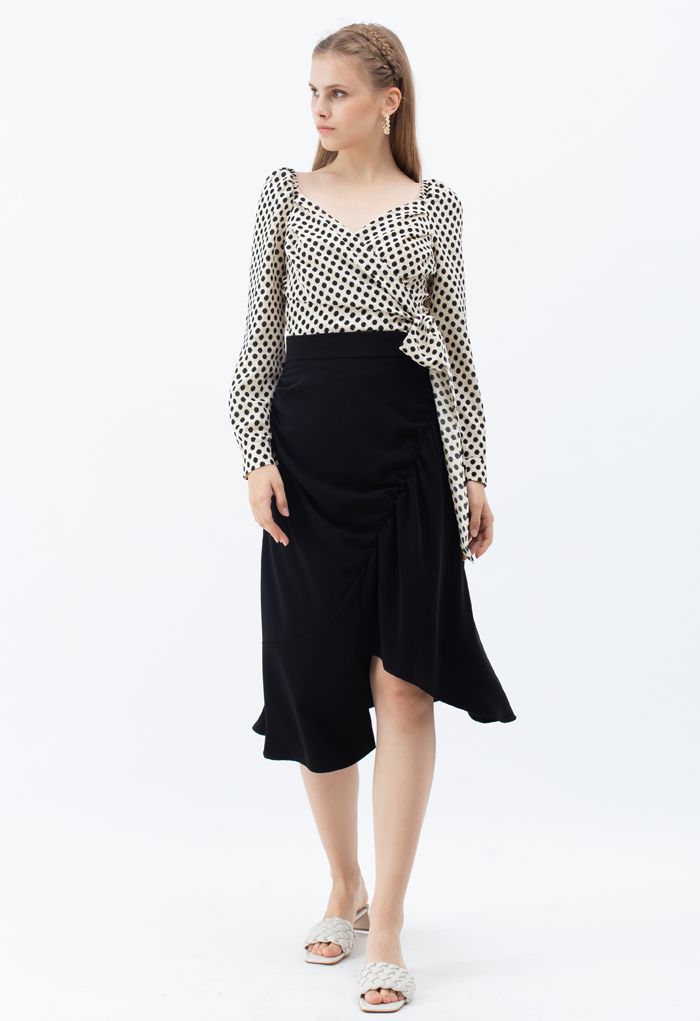 Asymmetric Cutout Hem Ruched Midi Skirt