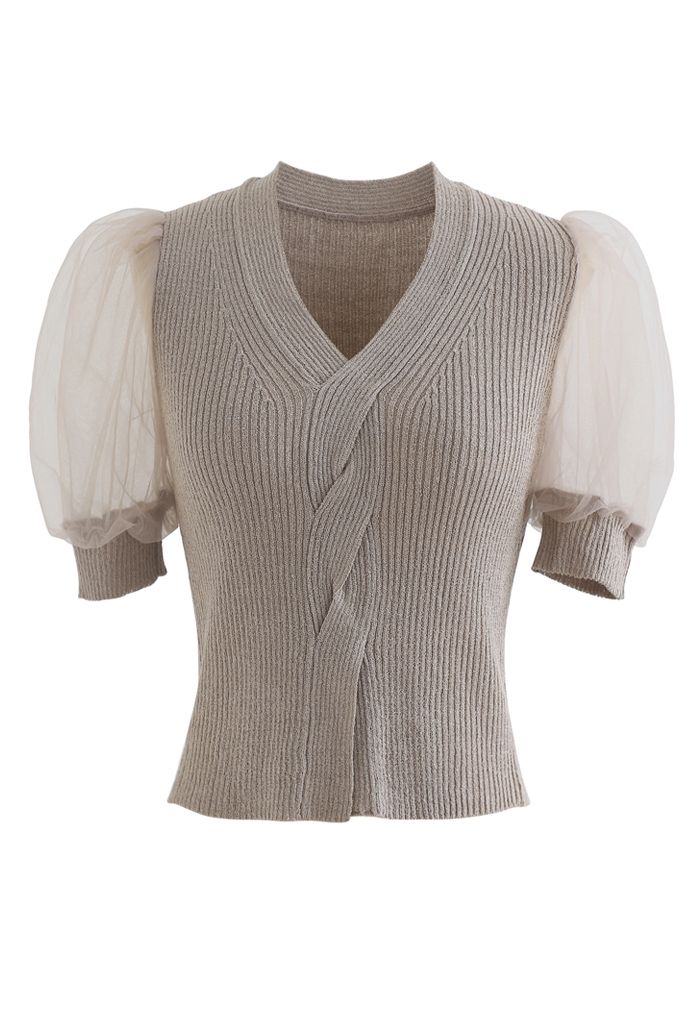 Meshed Short Sleeves Cropped Knit Top in Taupe