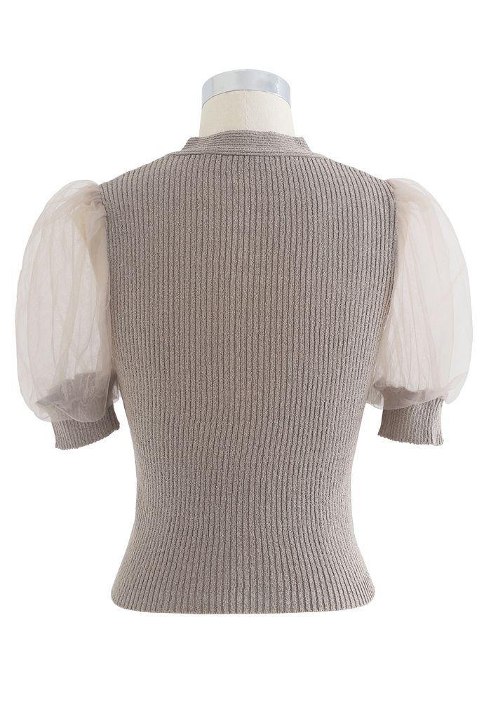 Meshed Short Sleeves Cropped Knit Top in Taupe - Retro, Indie and ...