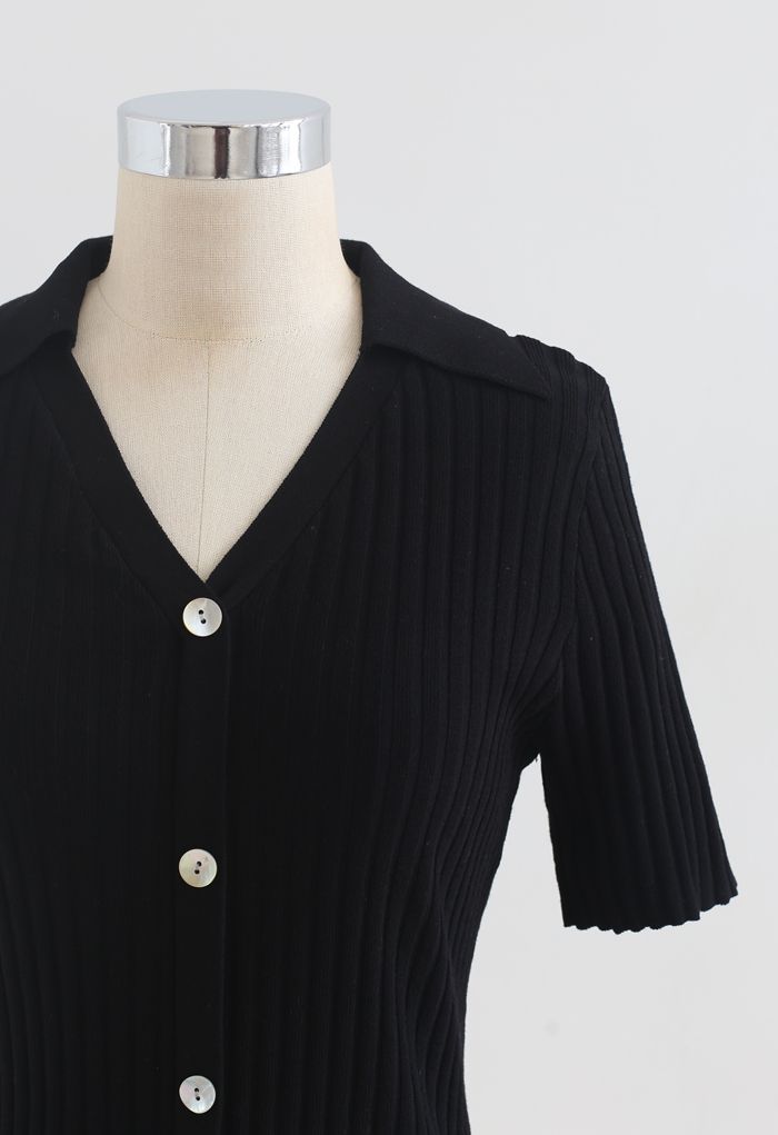 Button Down Collared Crop Top in Black