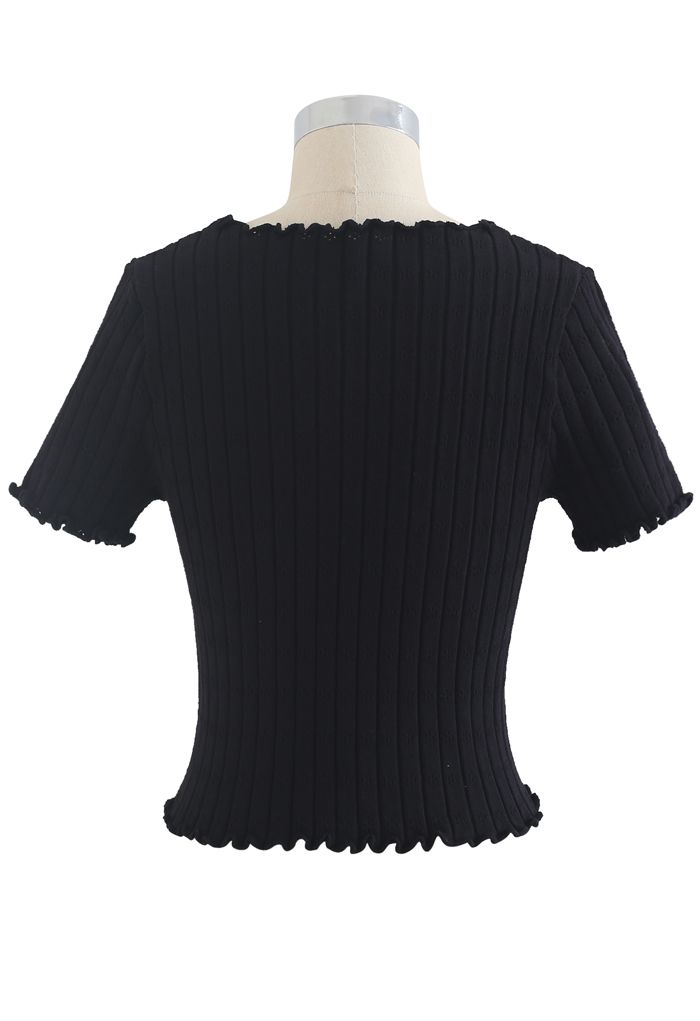 Lace-Up Lettuce Edge Crop Knit Top in Black