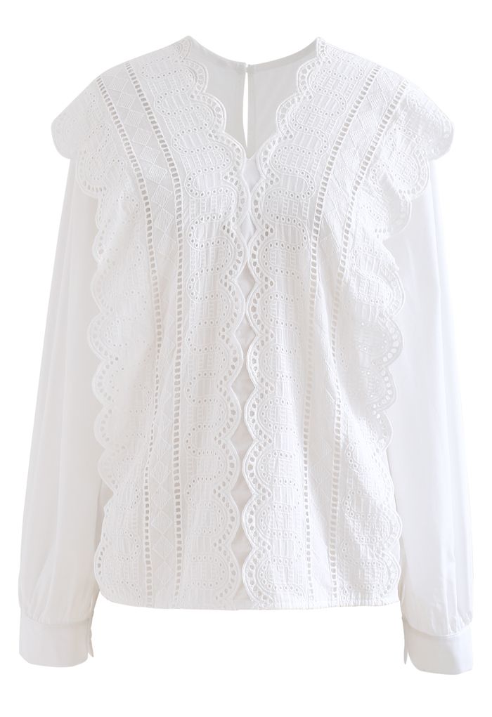 V-Neck Scrolled Embroidery White Shirt