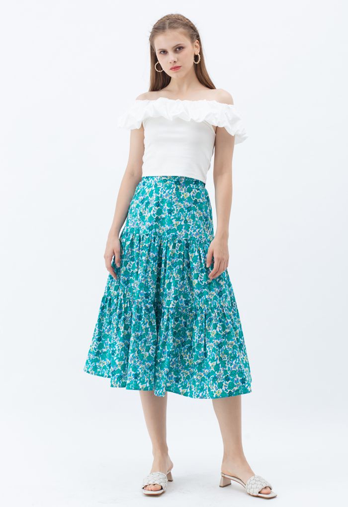 Green Floret Frilling Cotton Skirt