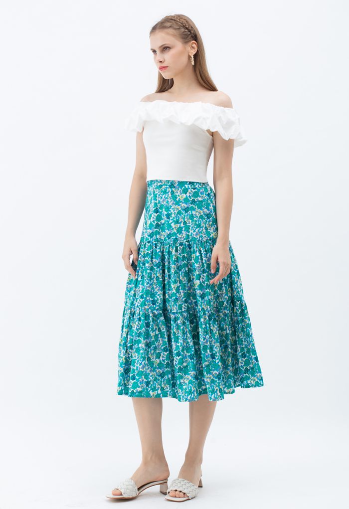 Green Floret Frilling Cotton Skirt