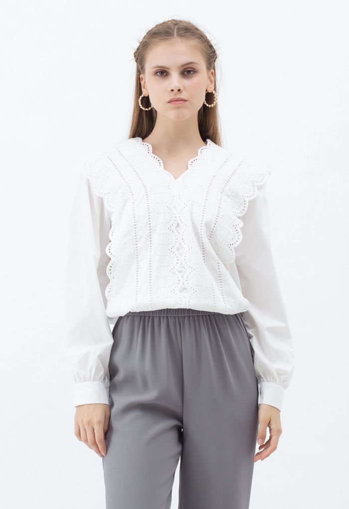 V-Neck Scrolled Embroidery White Shirt