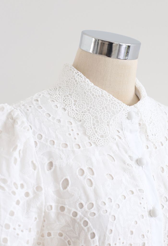 Crochet Collar Embroidered Eyelet Cotton Dress