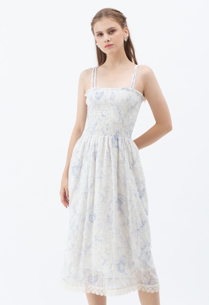 Petal Embroidered Shirred Bust Cami Dress in Blue - Retro, Indie