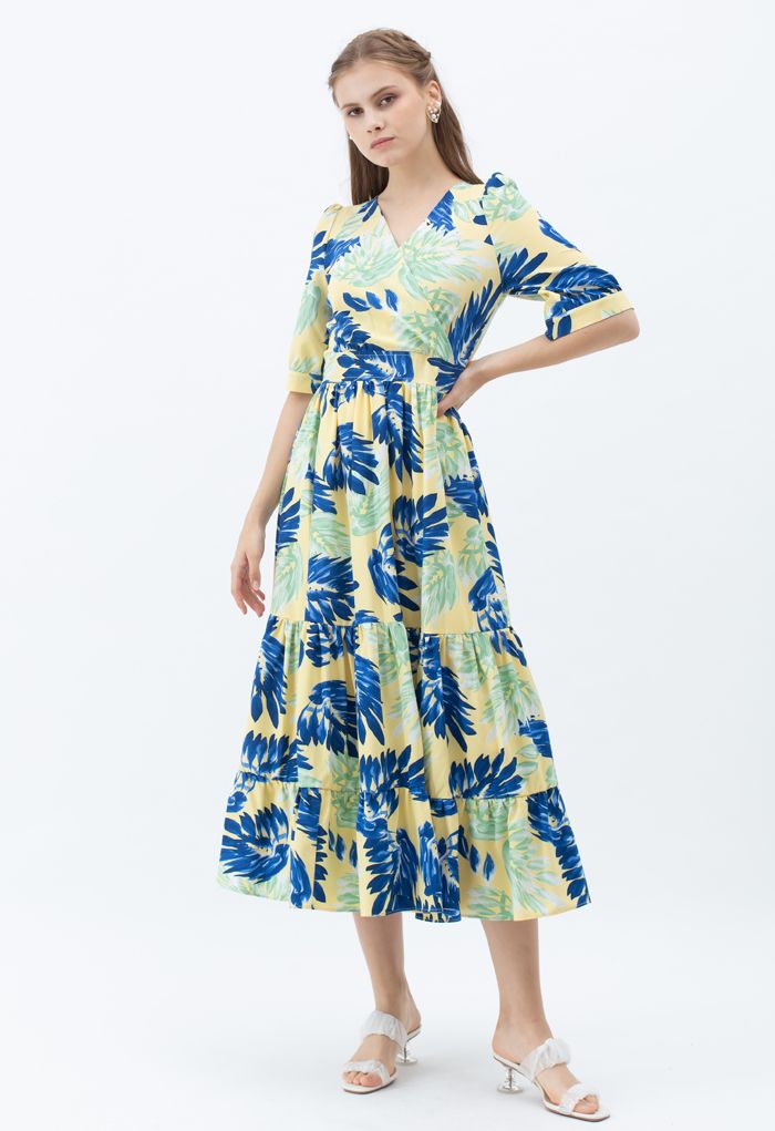 Tropical Leaves Wrapped Frilling Maxi Dress