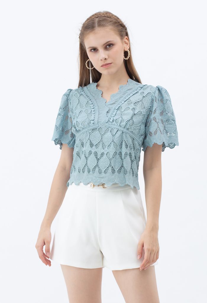 Scallop Edge Embroidered Crochet Top in Teal - Retro, Indie and Unique ...