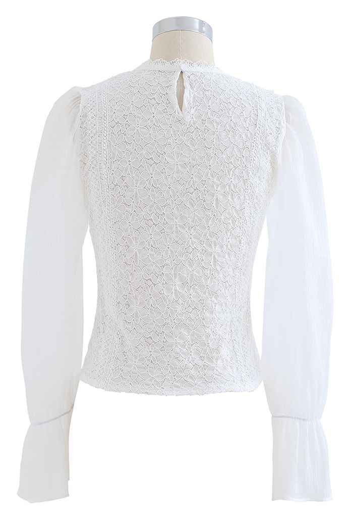 Blooming Sheer Sleeve Lace Top in White