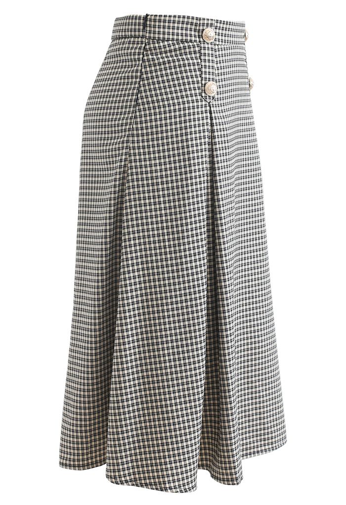 Button Decorated Pleated Gingham Skirt in Black - Retro, Indie and ...