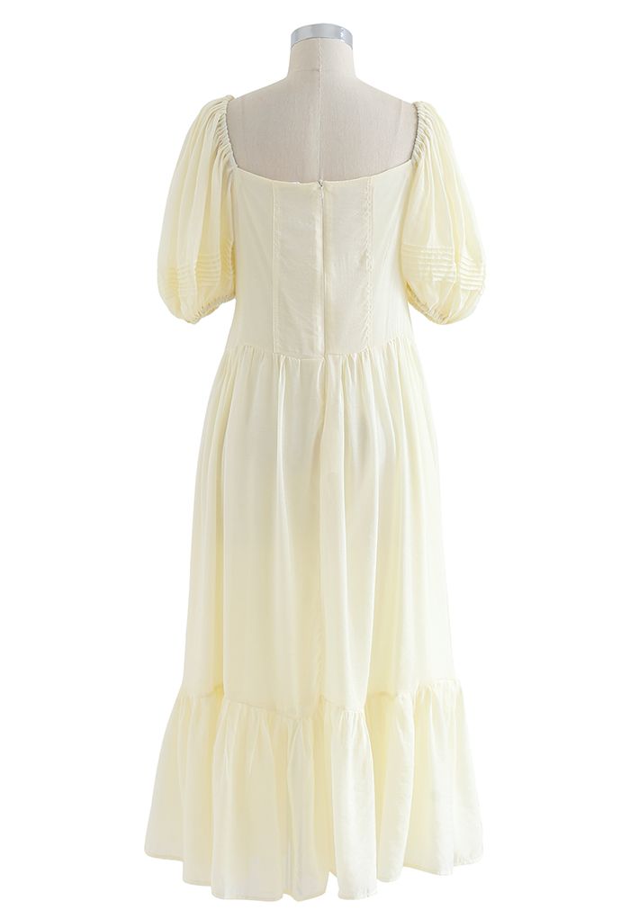 Flowy Puff Sleeves Buttoned Frilling Dress in Light Yellow