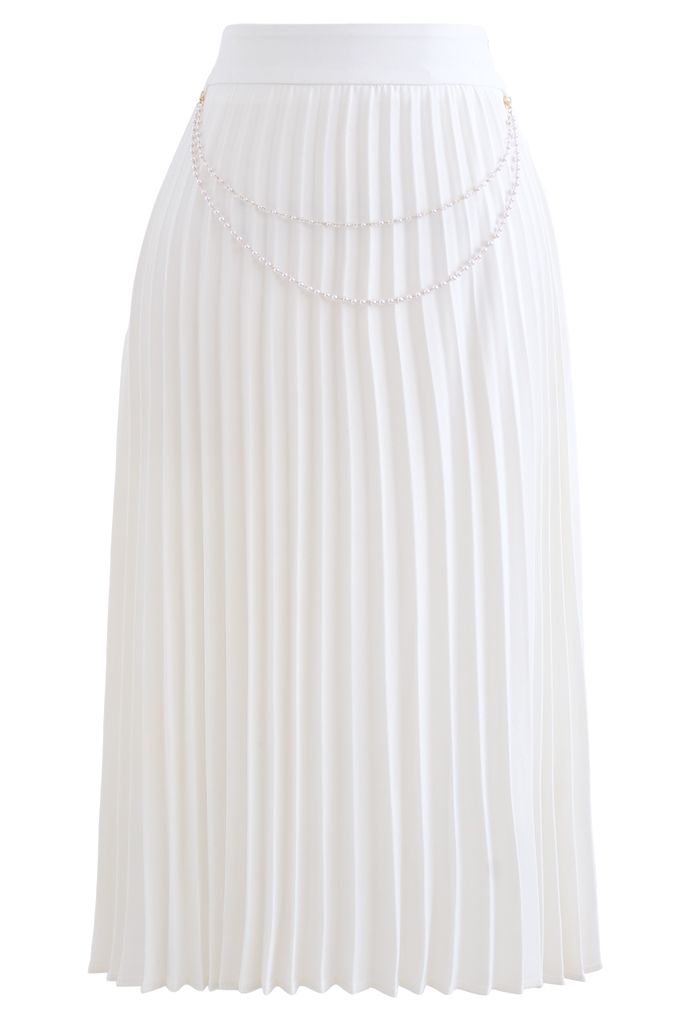 Draped Chain Pleated Midi Skirt in White