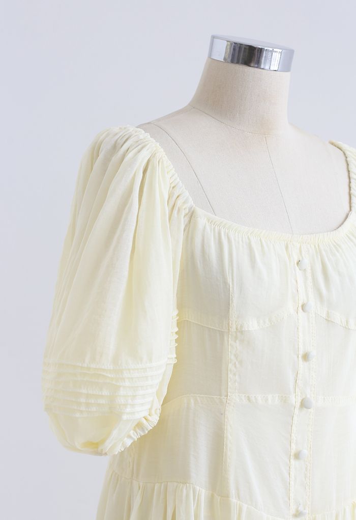 Flowy Puff Sleeves Buttoned Frilling Dress in Light Yellow - Retro ...