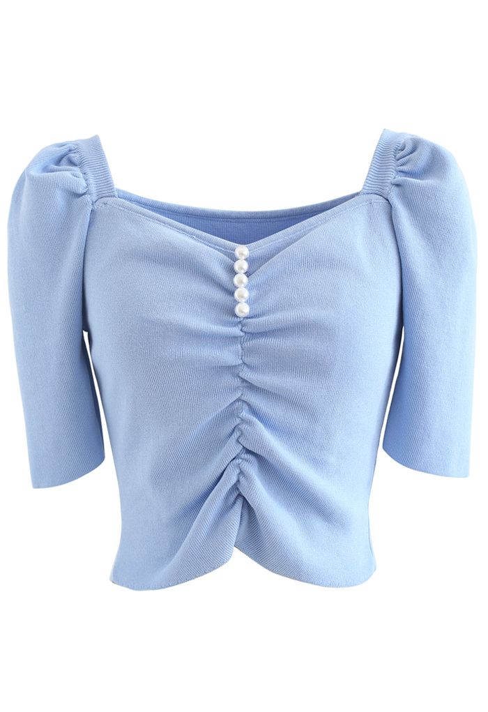 Sweetheart Neck Pearls Ruched Crop Knit Top in Blue - Retro, Indie and ...