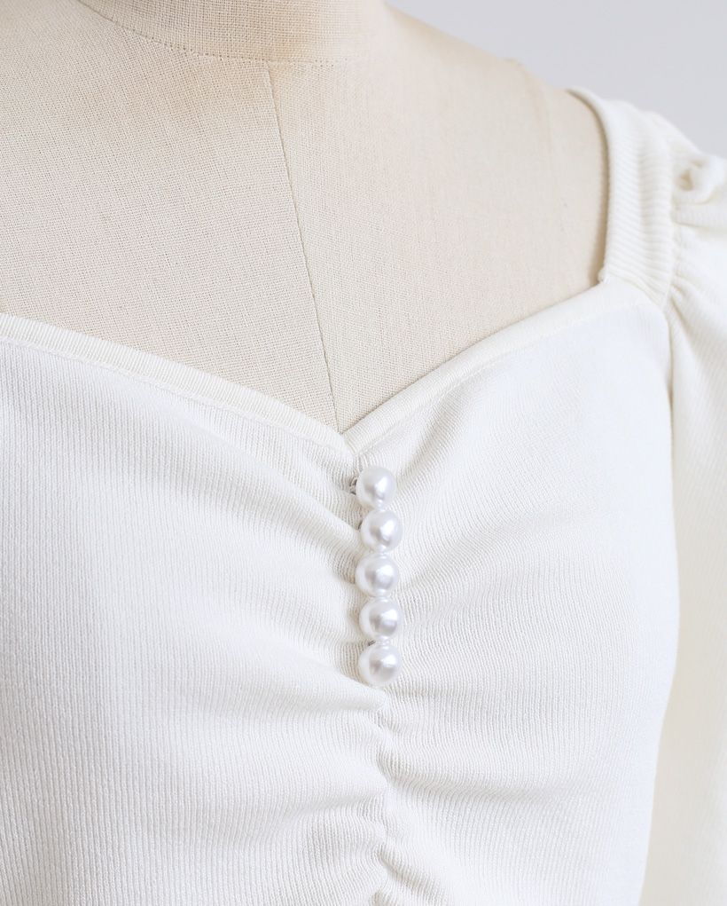 Sweetheart Neck Pearls Ruched Crop Knit Top in White - Retro, Indie and ...